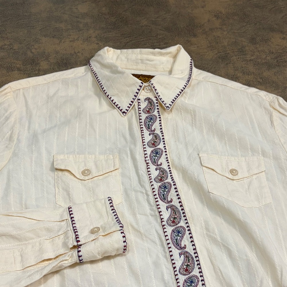 Wrangler Aura Button Down Shirt Womens Large Cream Paisley Western Dobby Stripe